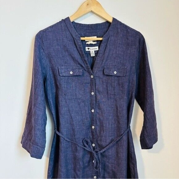 Malvin Hamburg Navy Blue 100% Linen Shirt Dress Roll Tab Sleeve Womens Medium - Picture 2 of 8